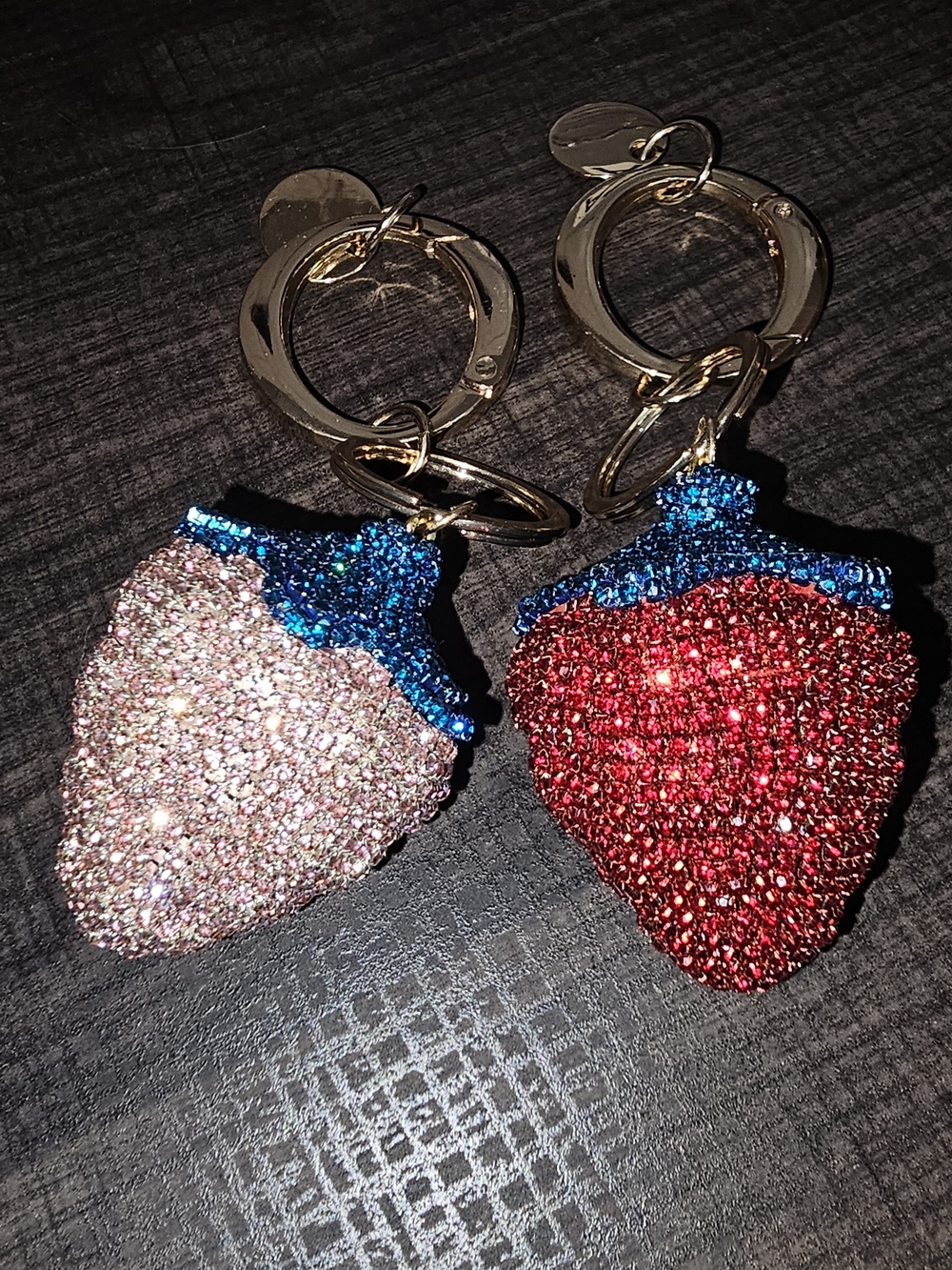 Set Of 2. Sparkling Strawberry Keychain Pair - Red & Pink with Blue Tops - Picture 1 of 5